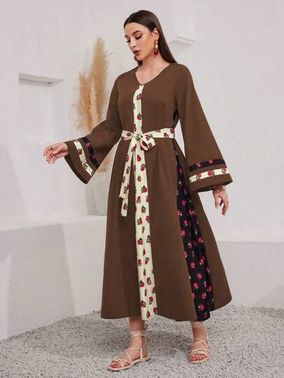 Al Najma 春夏假期休閒彩塊花卉印花拼接鈴袖長裙