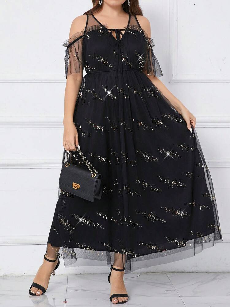 Women Plus Size Elegant Off-Shoulder Tie-Front Mesh Splice Sequin Long Dress