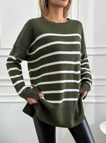 SHEIN Cottnline Ladies' Striped Long Sleeve Sweater - Khaki - View 4