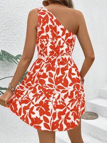 Breezaya Đầm trễ vai bất đối xứng in họa tiết thực vật ngẫu nhiên dành cho nữ - trái cam - Xem 2