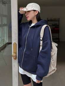 DAZY 女士Massive寬鬆休閒運動連帽束繩實色上衣