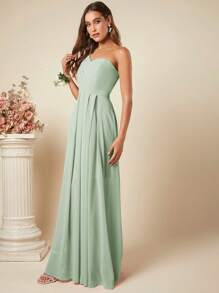 SHEIN Belle Women Asymmetrical Shoulder Asymmetric Ruched Design Elegant Bridesmaid Dress (Adult) - Mint Green - View 3