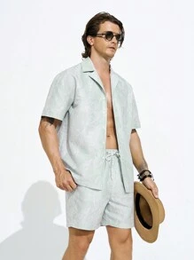 Manfinity Men Solid Color Simple Beach Short Sleeve Shirt And Shorts Set,Hawaiian