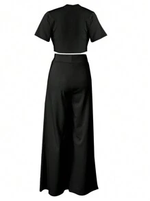 Spring & Summer Casual Solid Color Fitted Cropped T-Shirt And Loose Wide Leg Pleated Pants Sets - Black - View 2