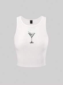 SHEIN Unity Women's Round Neck Ribbed Tank Top With Wine Glass Print - White - View 3