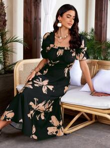 GENKIRA Đầm dài tay phồng in họa tiết hoa phong cách Pháp lãng mạn cổ vuông dành cho nữ, hoàn hảo cho bữa sáng muộn và kỳ nghỉ hè - Nhiều màu - Xem 7