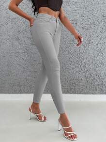 EURMUSE Women Solid Color Buttoned Denim Pants With Pockets - Grey - View 3