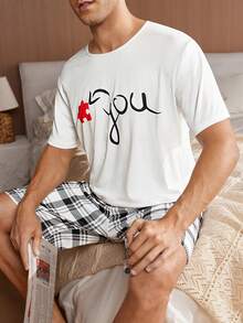 Conjunto de ropa de verano para hombre con camiseta de manga corta con letras impresas y pantalones cortos a cuadros para estar en casa - Blanco - Ver 6