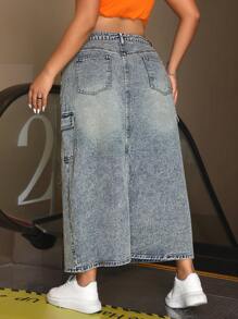 CovetEZ 加大尺碼長款休閒春夏牛仔工裝裙 - 藍色 - 查看 2