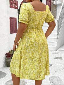 Flirla Plus Size Tie Front Square Neck Floral Print Dress - Yellow - View 2
