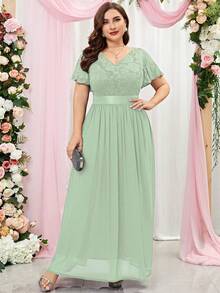 MIUSOL Vestido de festa formal plus size com contraste floral, renda, mangas bufantes, chiffon, para convidada de casamento - Menta verde - Ver 4