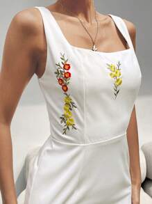 SHEIN Privé 女士無袖休閒連身裙，配有花卉刺繡，方領緊腰，適合夏季 - 白色 - 查看 5