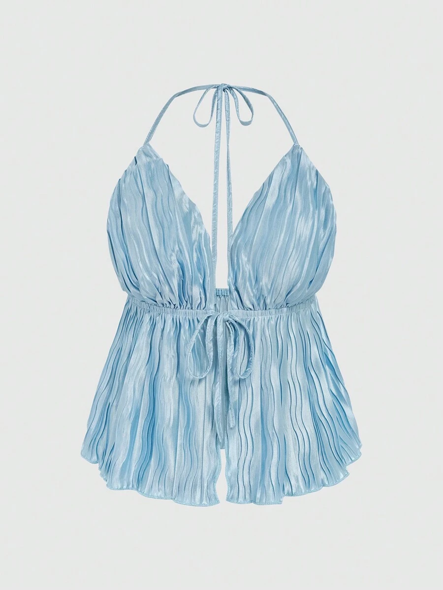 SHEIN Unity Camisola Halterneck para mujer con textura, de unicolor, con cordón y de vacaciones, de estilo simple y versátil - Azul - Ver 1