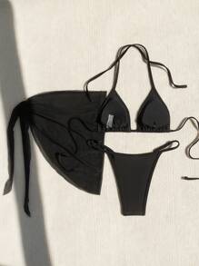 SHEIN Swim Phụ nữ đi biển mùa hè Bộ bikini có họa tiết môi đính kim cương giả và đồ bơi che chắn cho kỳ nghỉ - màu đen - Xem 2