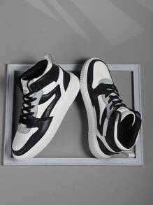 Buty męskie Color Block Letter Patch Decor Oddychające, sznurowane trampki z wysokim stanem, sportowe buty do skateboardingu na świeżym powietrzu
