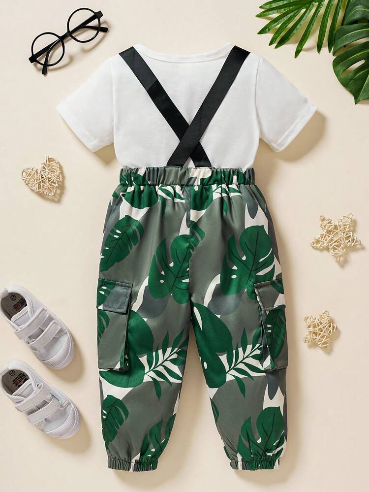 Baby Boys Spring Summer Casual Streetwear Tropical Rainforest Plant Pattern Workwear T-Shirt + Overalls Set