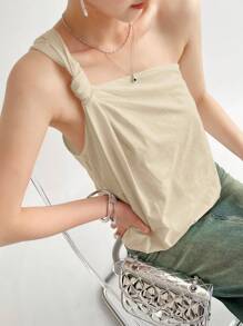 SHEIN Privé Damen modischer asymmetrischer Schulter Top mit Twist Knoten Design in Unifarbe - Aprikosenfarben - Übersicht 1