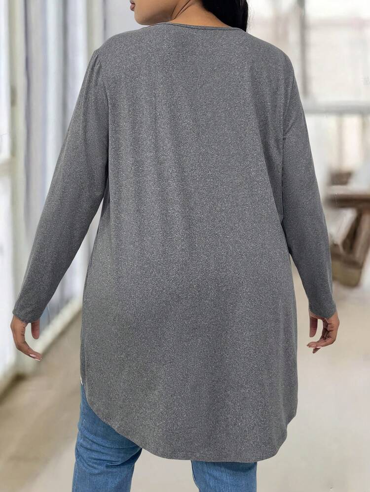 Plus Size Women Solid Color Lace Patchwork Round Neck Long Sleeve T-Shirt