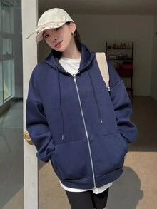 DAZY 女士Massive寬鬆休閒運動連帽束繩實色上衣