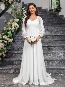 White V-Neck Lantern Sleeve Long Wedding Dress - White - View 8