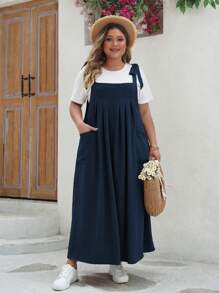 Plus Size Vacation Casual Solid Color Pleated Dress With Spaghetti Strap - Blue - View 4