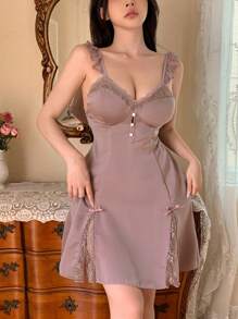 DAZY Women Lace Splice Satin Deep V-Neck Padded Cami Sleep Dress Pajama