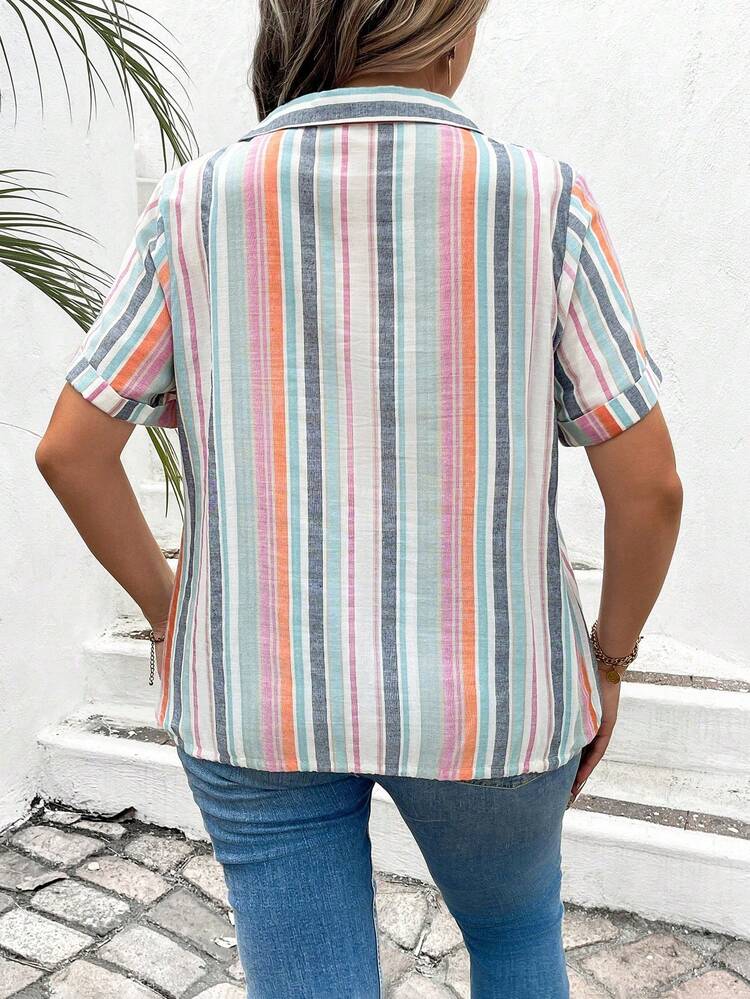 Plus Size Turn-Down Collar Striped Print Casual Spring/Summer Short Sleeve Shirt