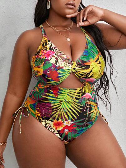 SHEIN Slayr Plus Size Tropical Print Side Ties Hollow Out Summer Beach One-Piece Swimsuit