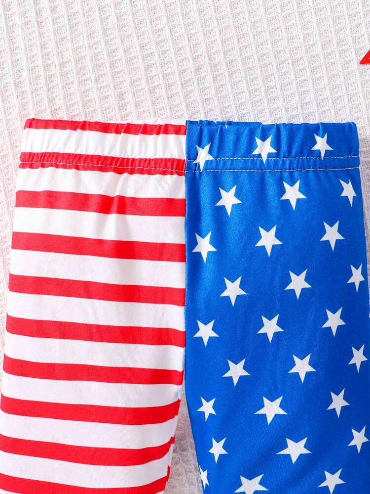 Baby Girls' Heart-Shaped Independence Day American Flag Printed Short Sleeve Top And Tight Pants Set