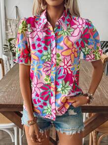 Breezaya Chemise décontractée pour femmes à manches bouffantes et imprimé fleuri coloré pour les vacances de printemps/été