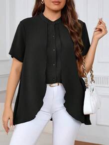 SHEIN Frenchy Plus Size Nữ Mùa Hè Màu Trơn Cổ Áo Đứng Viền Bất Đối Xứng Tay Ngắn Sơ Mi - màu đen - Xem 1