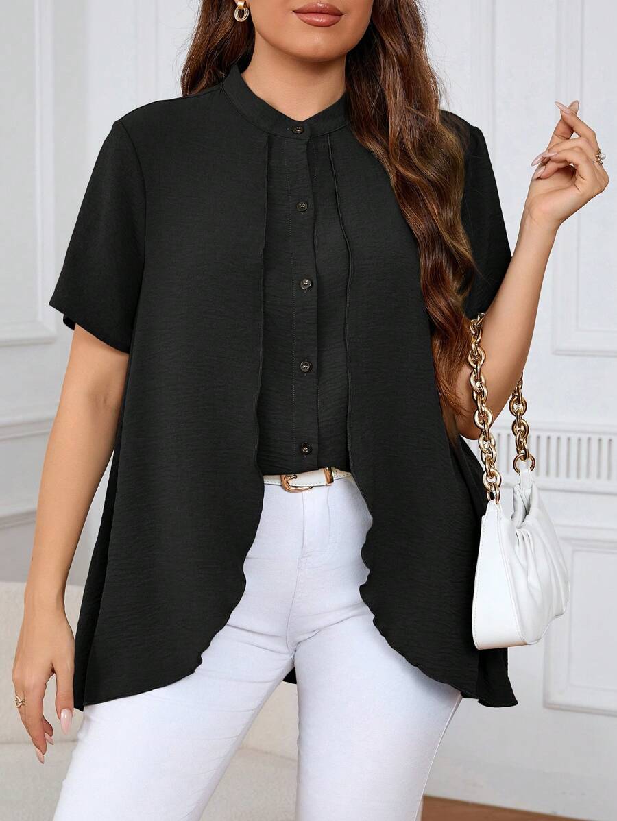 SHEIN Frenchy Plus Size Nữ Mùa Hè Màu Trơn Cổ Áo Đứng Viền Bất Đối Xứng Tay Ngắn Sơ Mi - màu đen - Xem 1