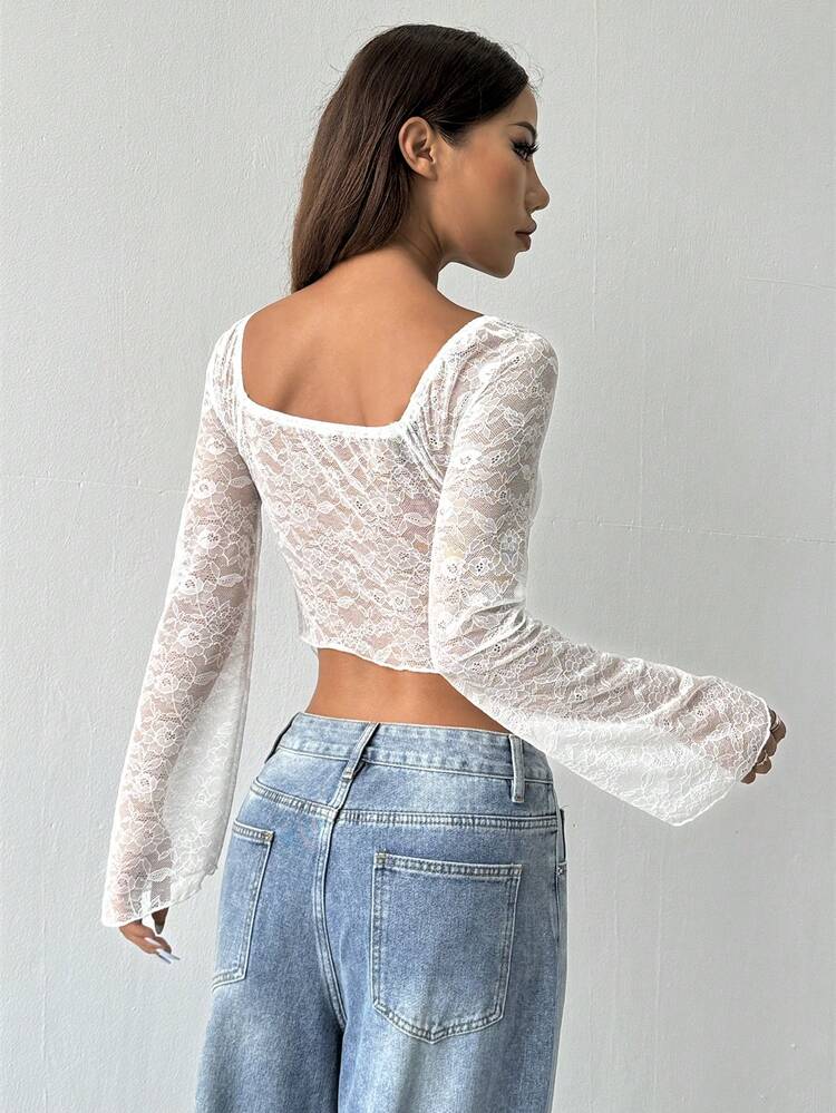 Lace Insert Long Sleeve See-Through Split Hem Sexy Top