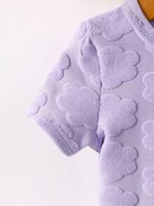 Baby Girl Casual & Comfortable Jacquard Knit Short Sleeved Round Neck Top & Shorts Two Pieces Set For Home Wear - Purple - View 3