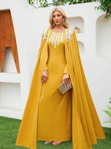阿拉伯服饰两件套，含披肩、蕾丝边和刺绣连衣裙 - 黃色 - 查看 3