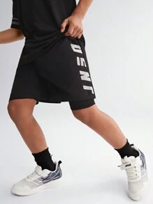 SHEIN Tween Boy Anti-Light Transit Base Layer Shorts With Letter Print Design, Diagonal Side Pockets And Drawstring Waist
