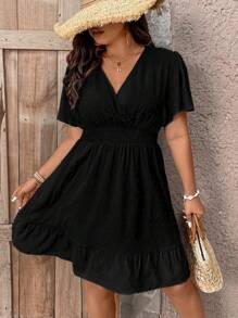 SHEIN Plus Size V-Neck Ruffle Trimmed Waist Cinching Casual Spring Summer Dress - Black - View 7