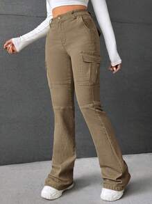 SHEIN Teen Girl Y2k High Waist Flap Pocket Side Flare Leg Cargo Jeans,Fashionable For Spring And Summer Outfit