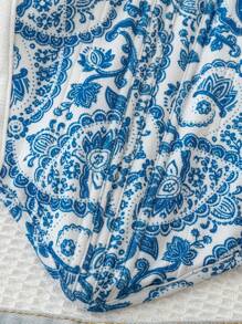 Soleia Plus Size Summer Blue And White Paisley Print Strap Top,Boho Off-Shoulder Design With Crisscross Tie,Holiday Picnic Vacation Spring Top - Blue and White - View 4