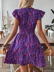 Breezaya Spring/Summer Floral V-Neck Dress With Shirred Waist, Ruffle Trim And Short Flounce Sleeves