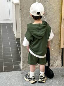 SHEIN Genkimix Kids Young Boys' 2 In 1 Fashionable Texture Knitted Short Sleeve And Shorts Set For Casual Leisure - Multicolor - View 2