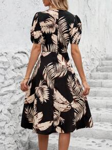 SHEIN Clasi Phụ nữ kỳ nghỉ hè phong cách nhiệt đới váy ngắn tay phồng cổ chữ V in hình cây nhiệt đới có túi - Nhiều màu - Xem 3