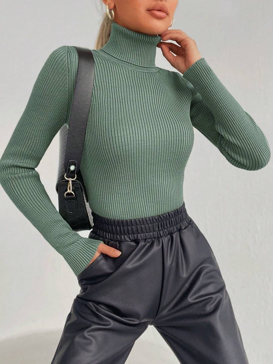 EURMUSE Solid Turtleneck Sweater - Mint Green - View 1