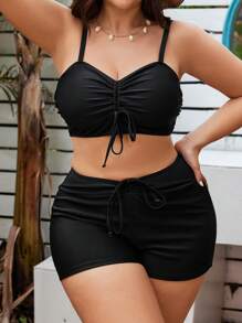 Swim Lushoire 夏季海滩加大码抽绳无钢圈文胸和比基尼套装下装比基尼套装适合海滩和泳池 - 黑色 - 查看 5