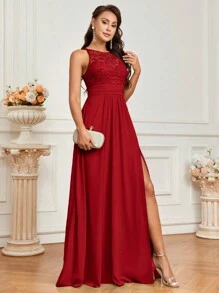 SHEIN Belle Women Fashionable Lace Spliced A-Line Dress With Side Slit, Perfect For Bridesmaid (Adult)