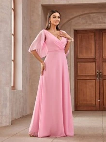 SHEIN Belle Elegant, Dignified, Feminine, Charming, Fashionable And Popular Women's Pink Chiffon Ruffled Shawl Sleeves, Draped Collar, Backless, High Waist, A-Line, Large Dress, Extra Long Bridesmaid Dress - Pink - View 5
