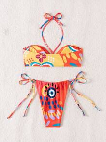 SHEIN Swim 女性款項目，露背海軍風防曬泳裝套裝，夏日沙灘必備，印有眼睛圖案 - 彩色 - 查看 7