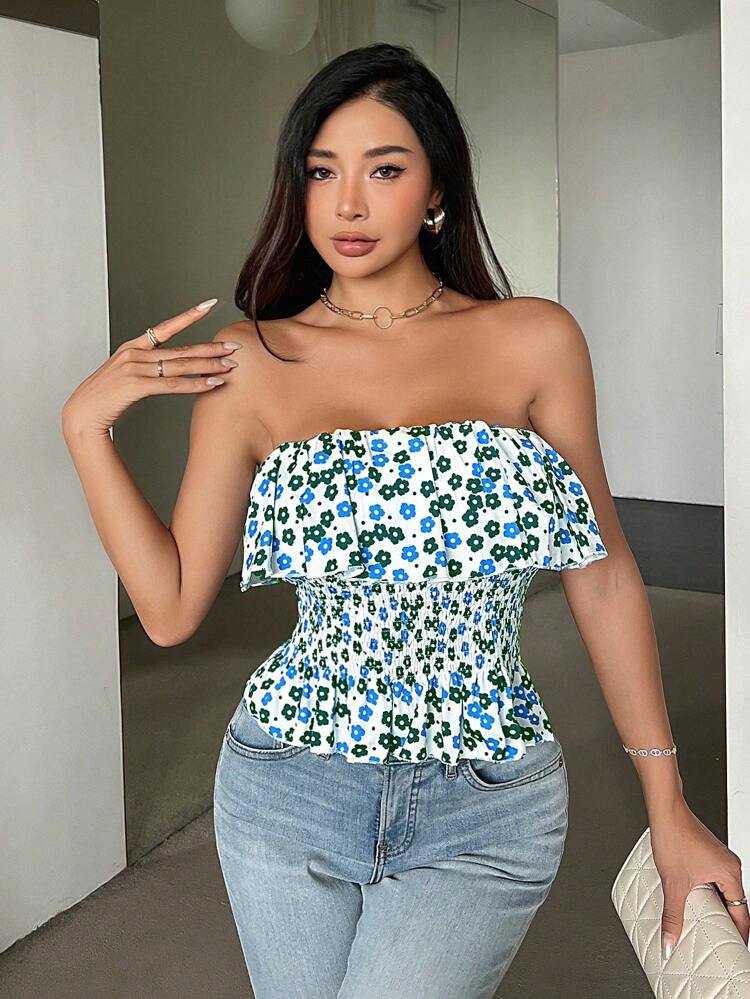 Women Slim Fit Strapless Top With Flower Print, Ruffle Trim And Elastic Band For Summer