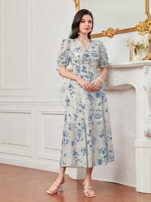 Modelyn 女士夏季优雅短袖花卉印花收腰连衣裙 - 藍色 - 查看 6