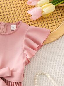 SHEIN LMoss Kids Vestito casual per ragazze in tinta unita con collo rotondo, maniche e orlo con volant